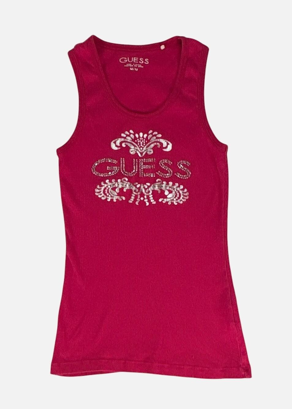 VTG Y2K Guess Pink Rhinestone Logo Tank Top Women's Med Casual Designer Bling